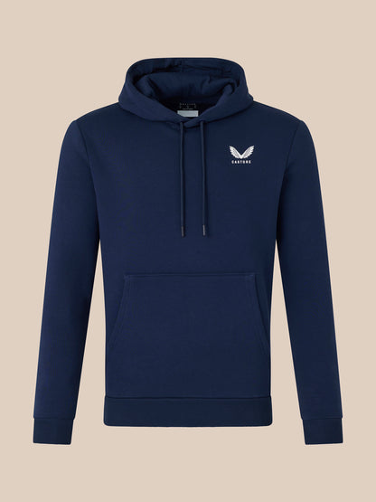 Navy lifestyle hoodie with drawstring hood and front kangaroo pocket, featuring a small left chest logo.