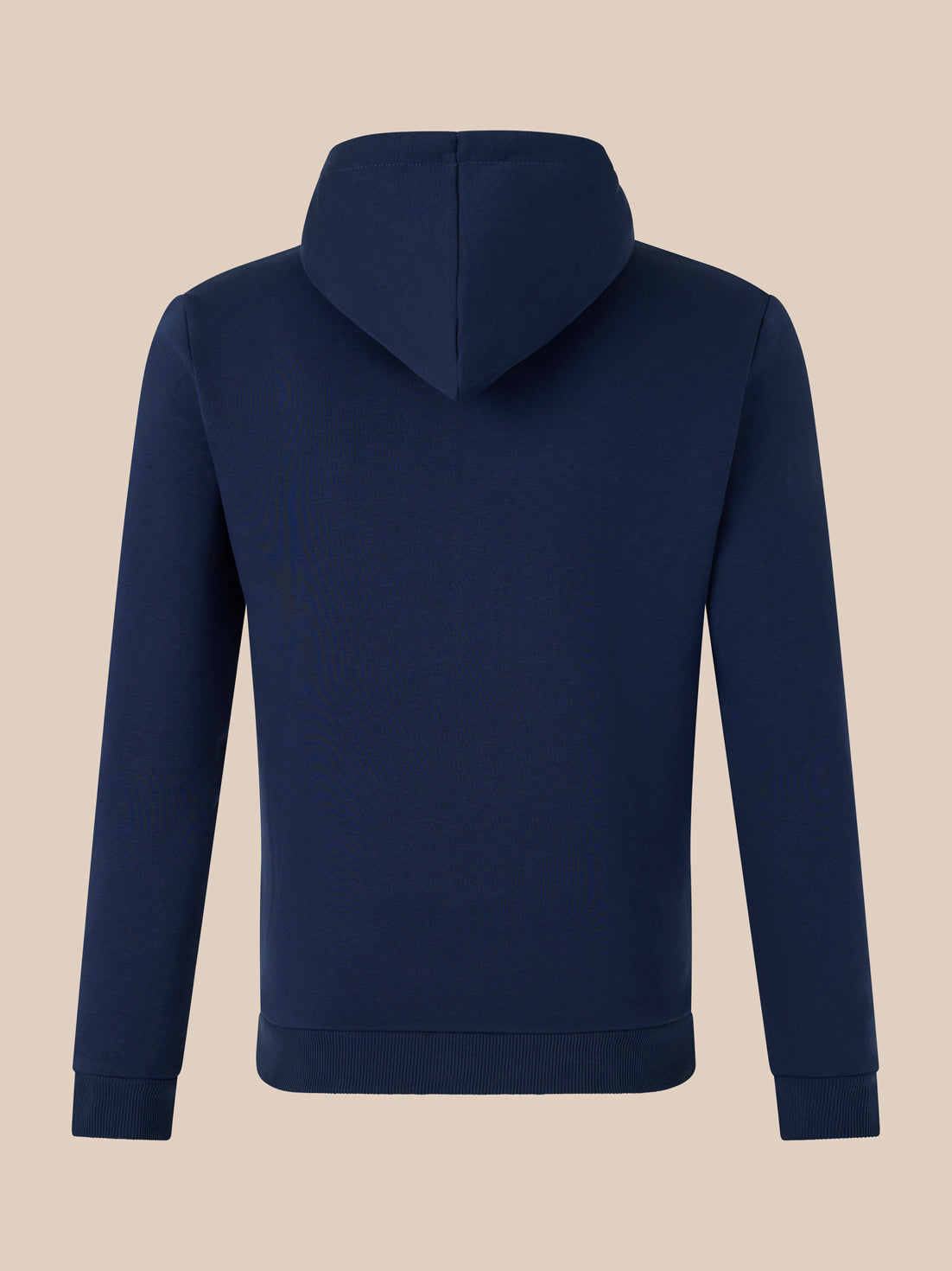Back view of navy lifestyle hoodie with hood against a beige background