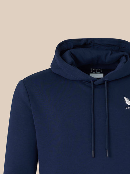 Navy hoodie upper chest with hood and the white CASTORE logo on the left chest