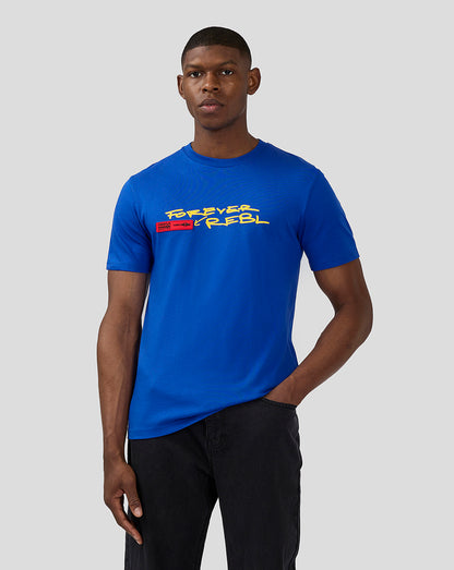 Male model wearing blue Oracle Red Bull Racing 20th Anniversary short sleeve T-shirt with yellow chest graphic and red patch