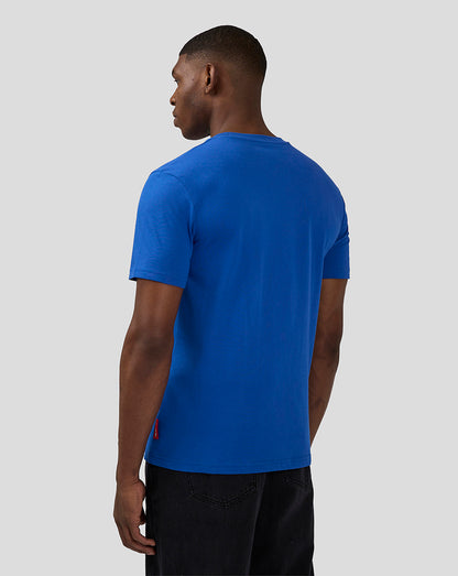 Back view of a blue short sleeve T-shirt on a male model from the Oracle Red Bull Racing 20th Anniversary collection