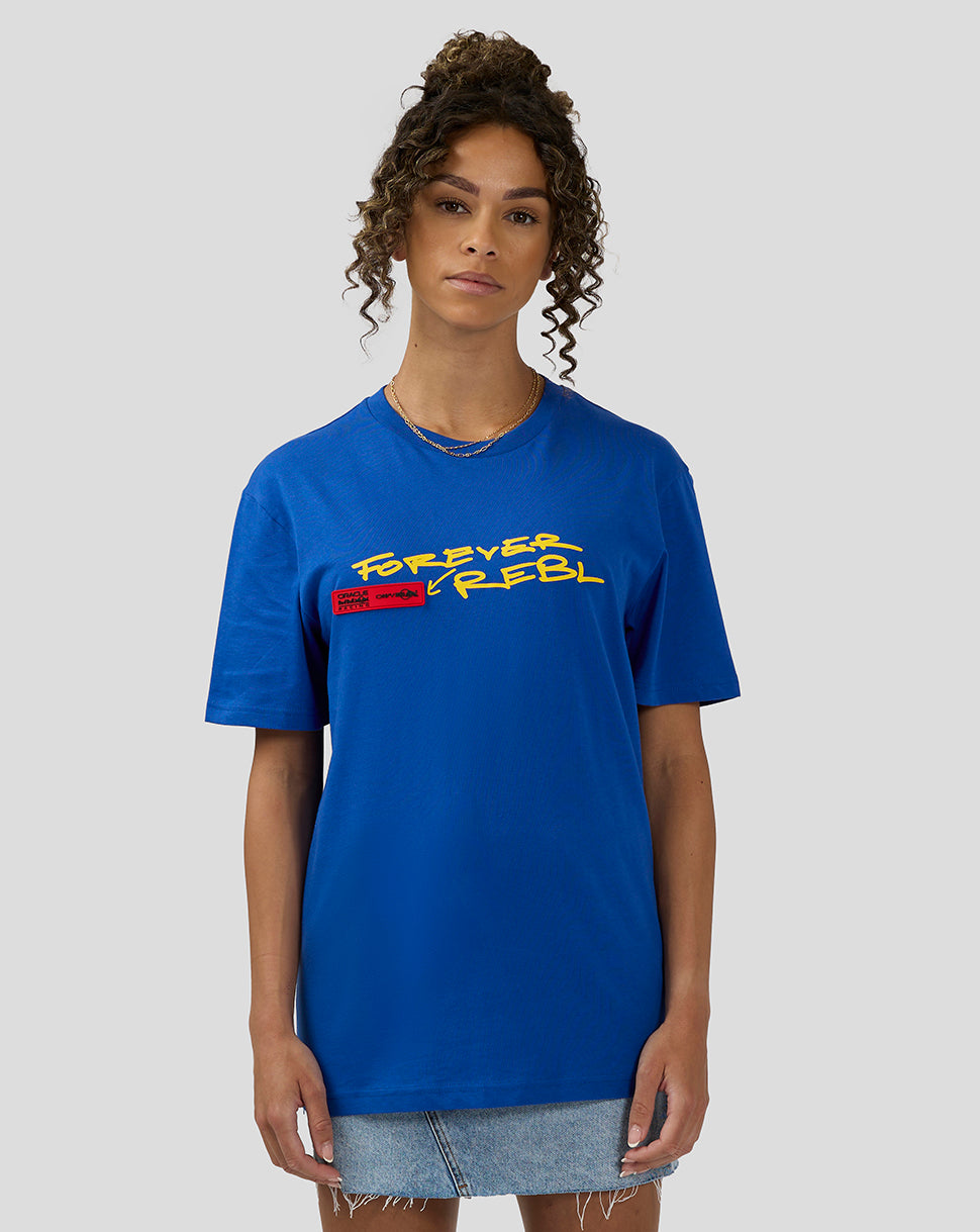 Female model in blue 20th Anniversary Oracle Red Bull Racing T-shirt with yellow chest graphic and red badge