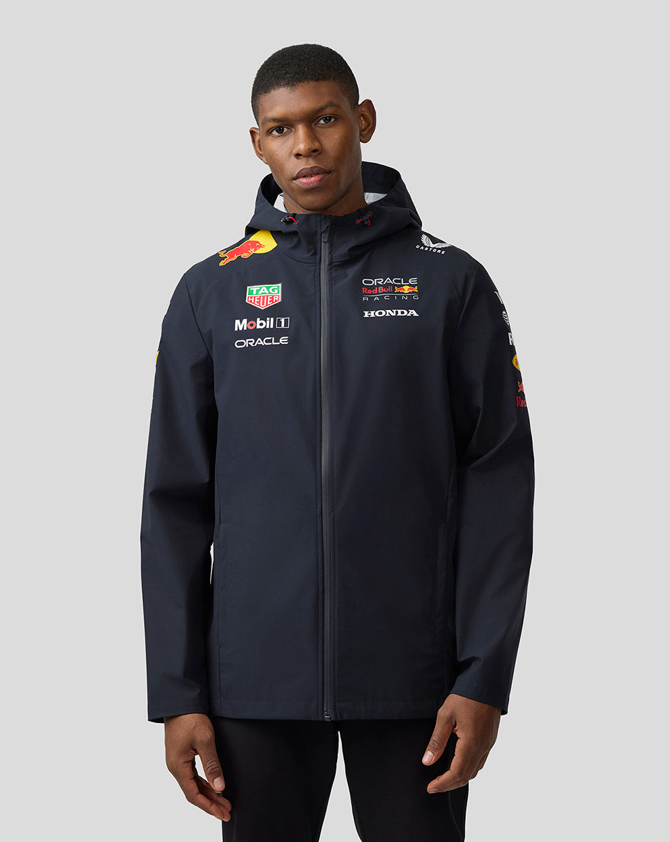 Front view of navy Night Sky water resistant jacket with center front zip hood and sponsor logos including Red Bull and Oracle