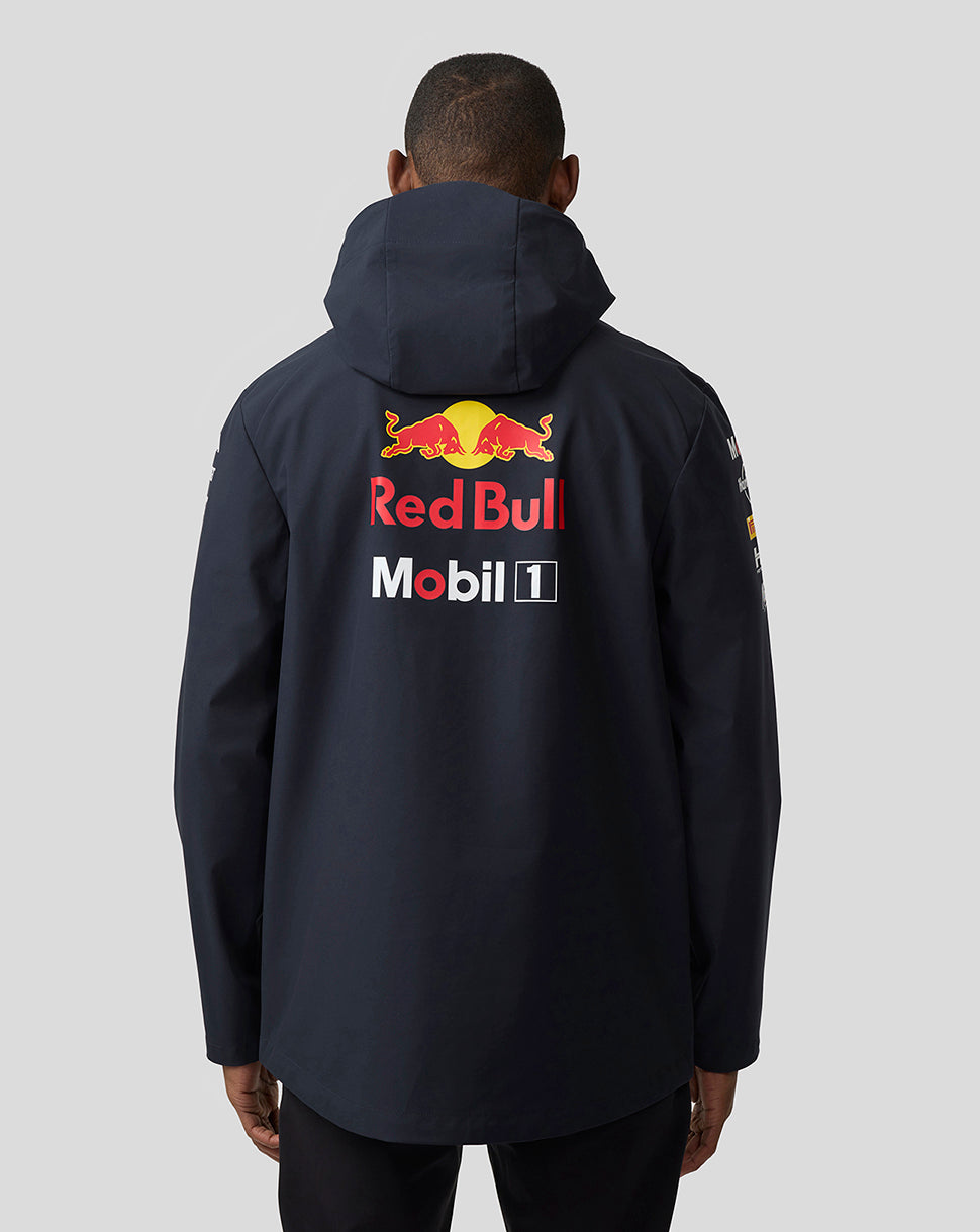 Back view of navy Night Sky jacket with a large Red Bull logo on the back and a hood