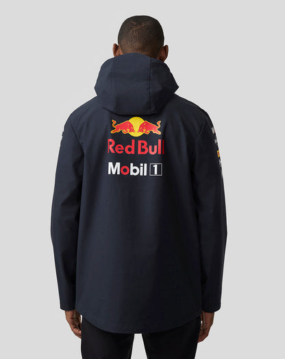 Back view of navy Night Sky jacket with a large Red Bull logo on the back and a hood