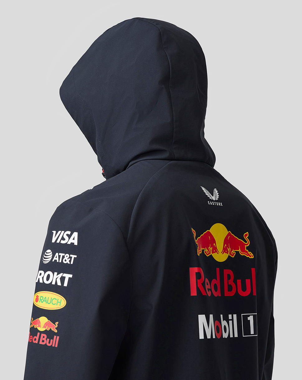 Back view of navy Oracle Red Bull Racing Teamline jacket with large Red Bull emblem on the back