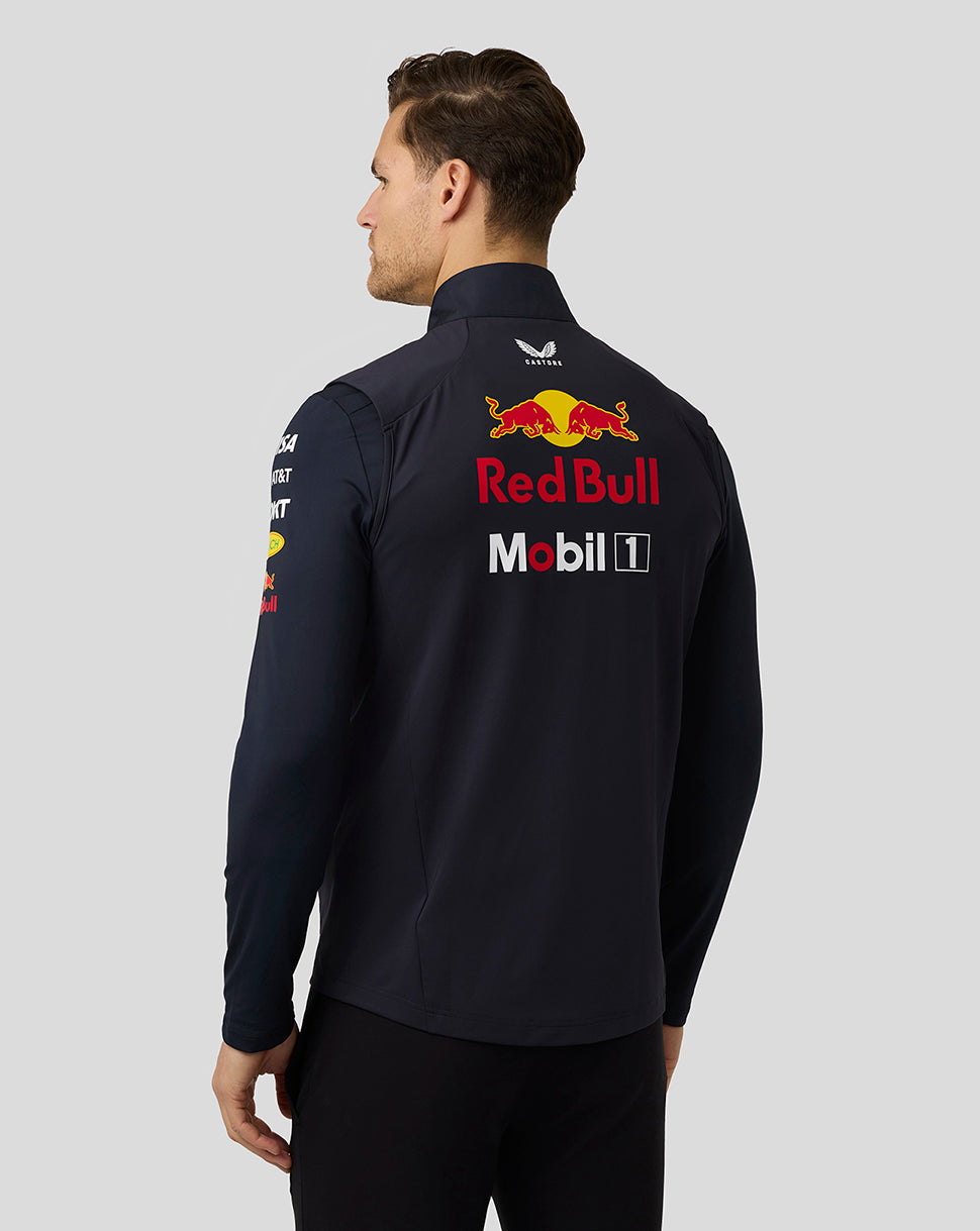 Back view of navy Oracle Red Bull Racing Teamline Hybrid Gilet with large Red Bull logo on the back