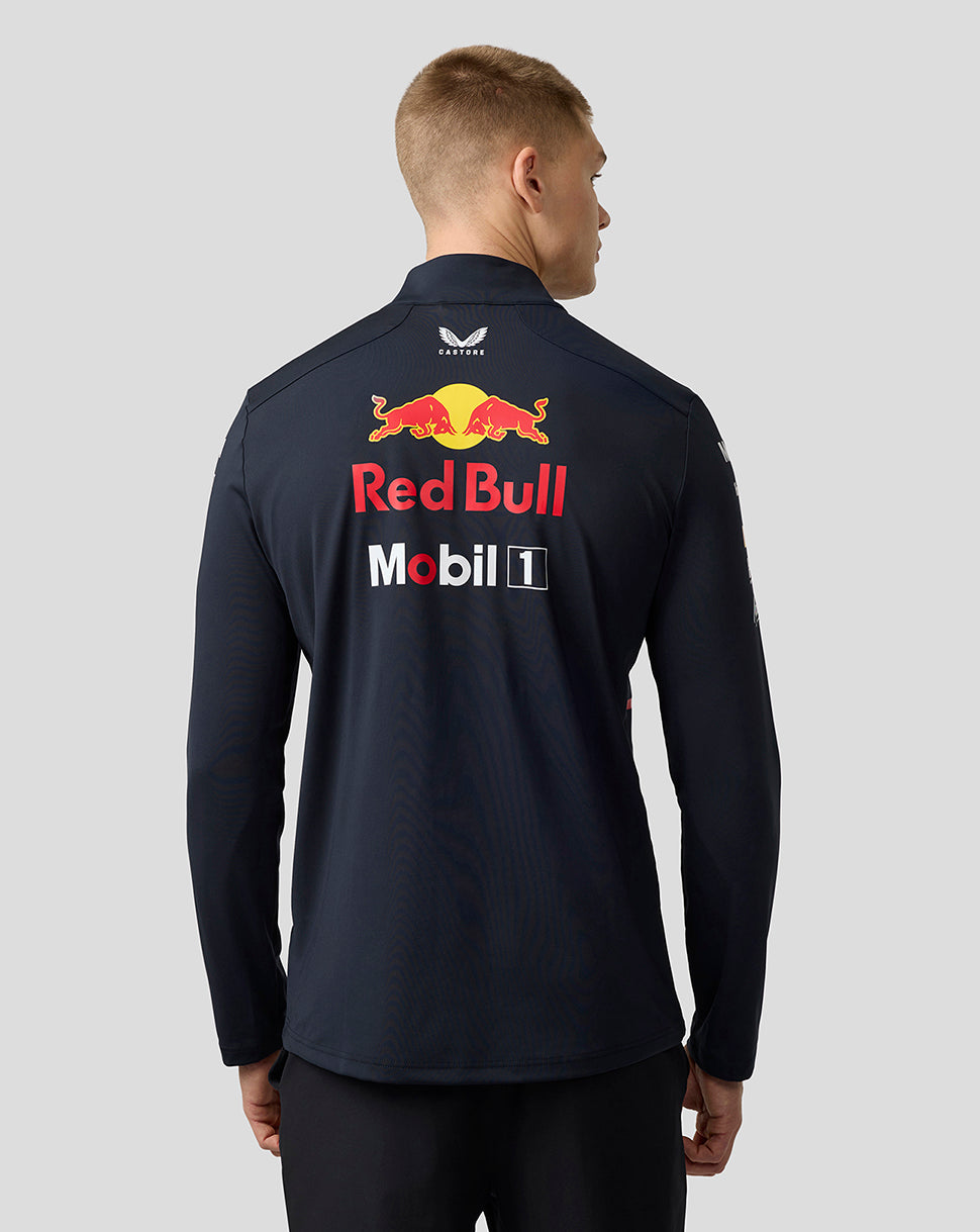 Back view of navy Oracle Red Bull Racing unisex teamline 1/4 zip midlayer with Red Bull graphic across the back