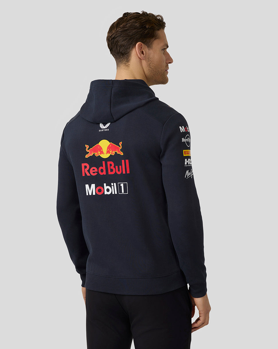 Rear view of navy Red Bull Racing Teamline hoodie with large Red Bull and Mobil 1 logos on the back