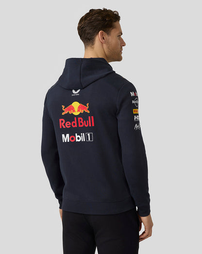 Rear view of navy Red Bull Racing Teamline hoodie with large Red Bull and Mobil 1 logos on the back