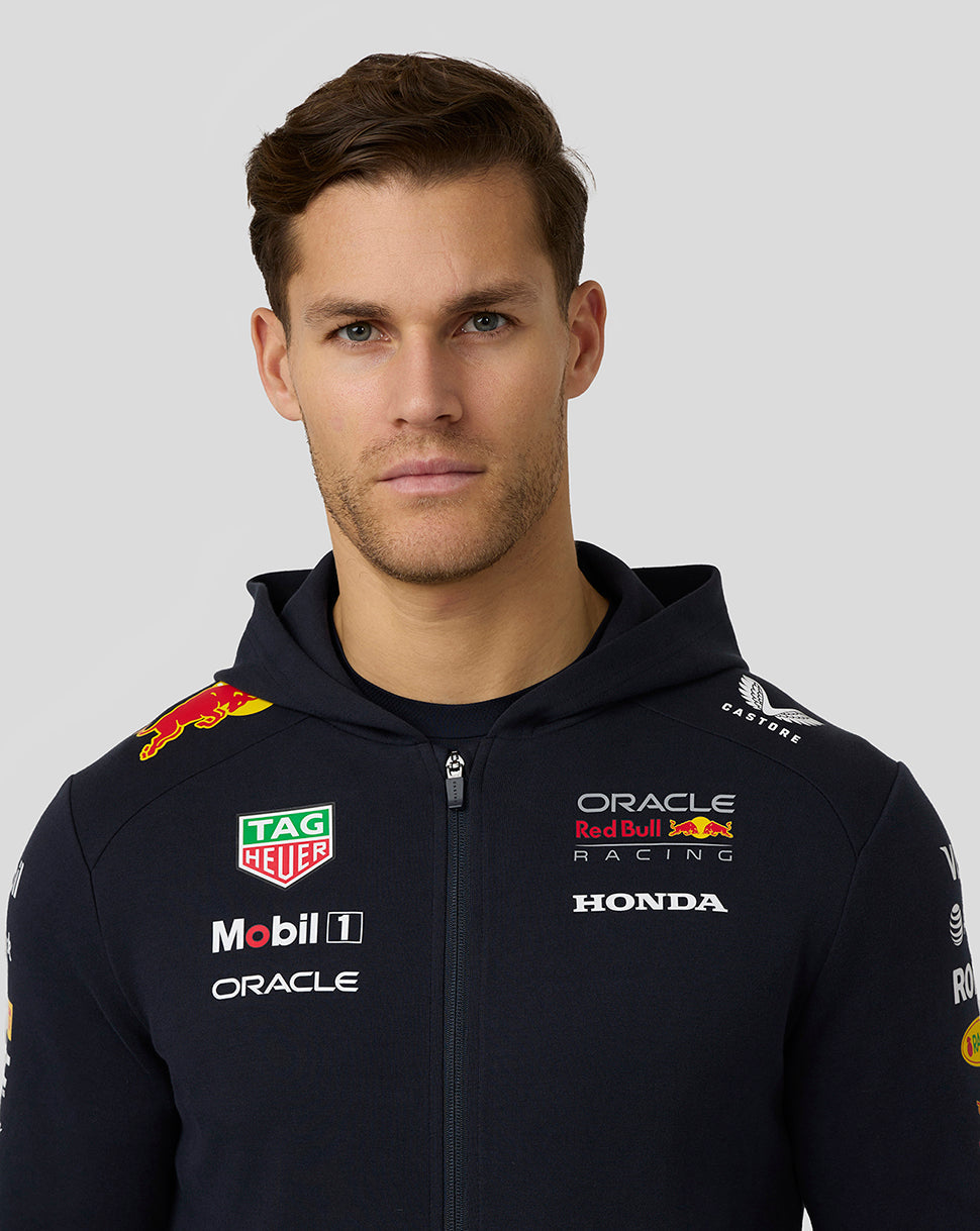 Back view of navy team hoodie with Red Bull and Mobil 1 branding on the back and sponsor patches on the sleeve
