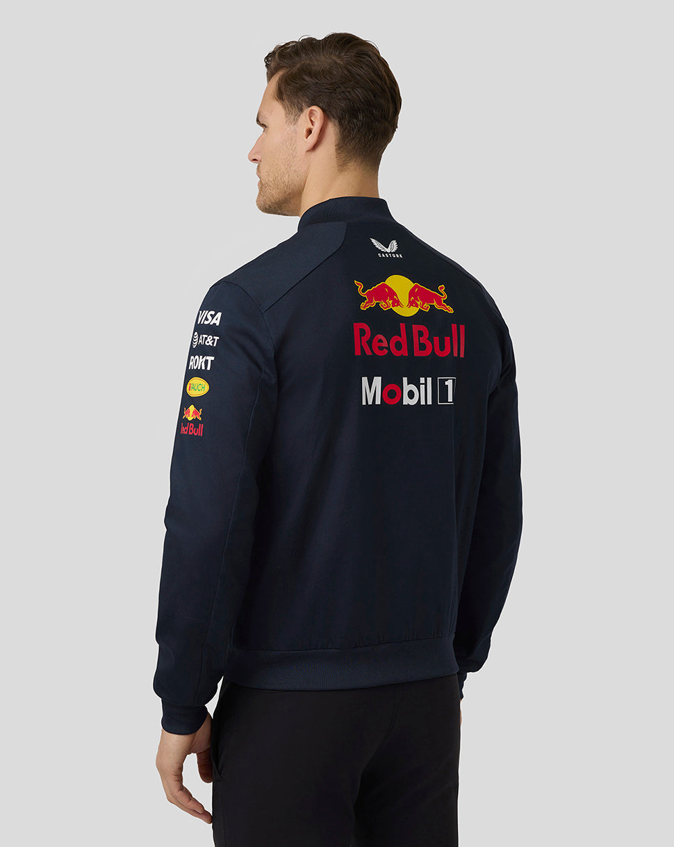 Back view of night sky navy bomber jacket with large Red Bull and Mobil 1 branding on the back.