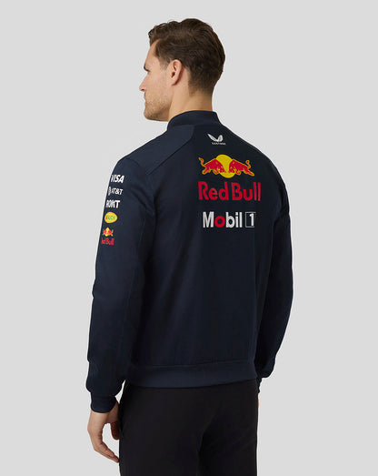 Back view of night sky navy bomber jacket with large Red Bull and Mobil 1 branding on the back.