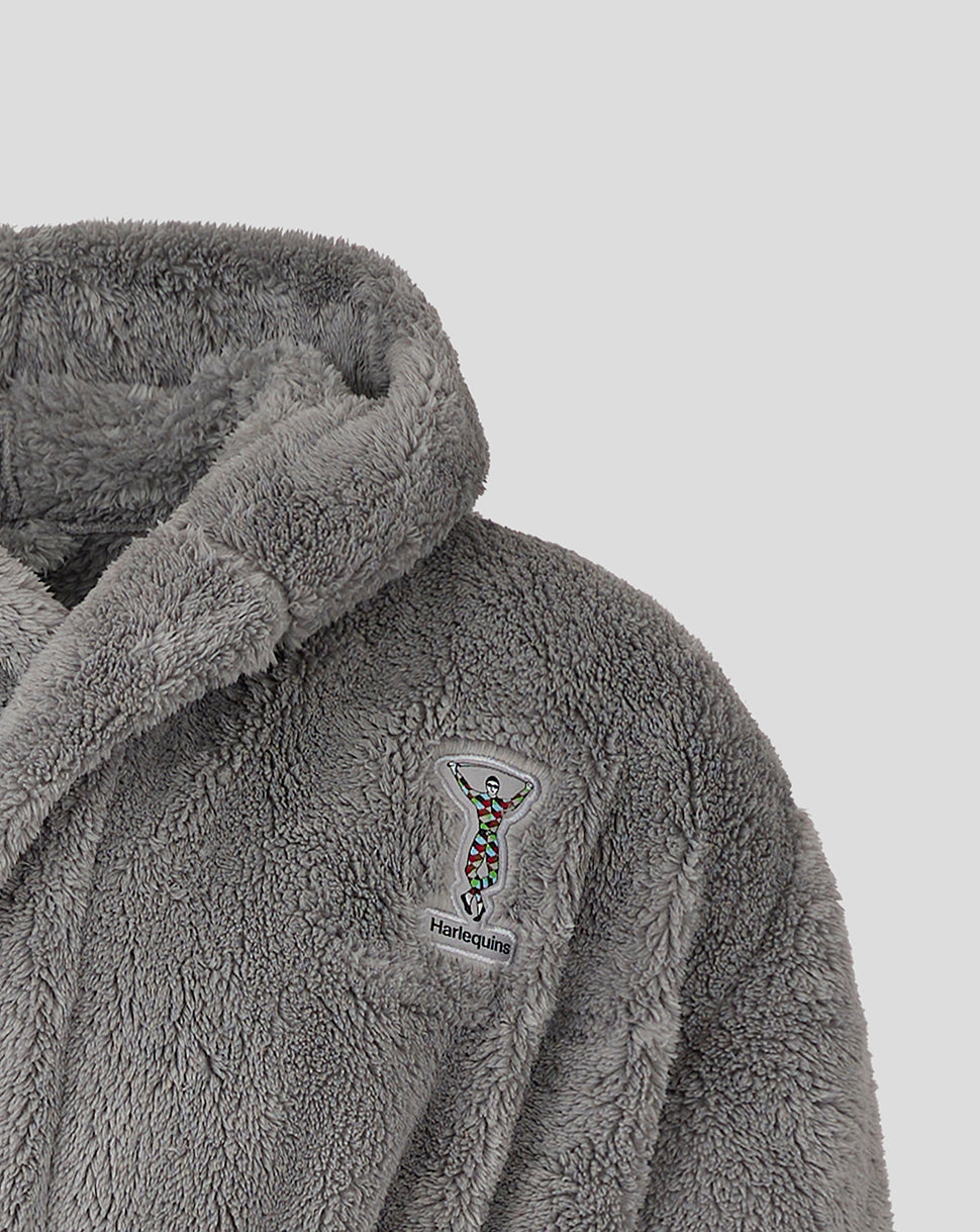 Grey plush dressing gown with colorful Harlequins crest embroidered on chest