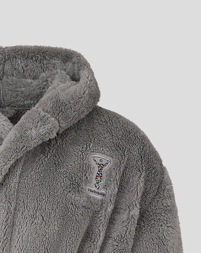 Grey plush dressing gown with colorful Harlequins crest embroidered on chest