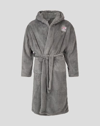 Gray plush unisex dressing gown with hood and belt and Saracens crest on chest