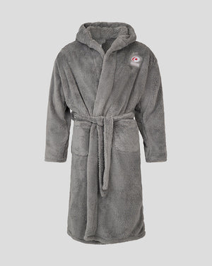 Saracens junior dressing gown in soft gray plush with hood and belt