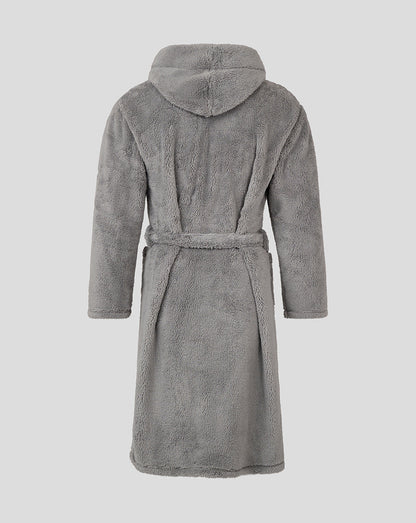 Back view of grey plush dressing gown with hood and belt.