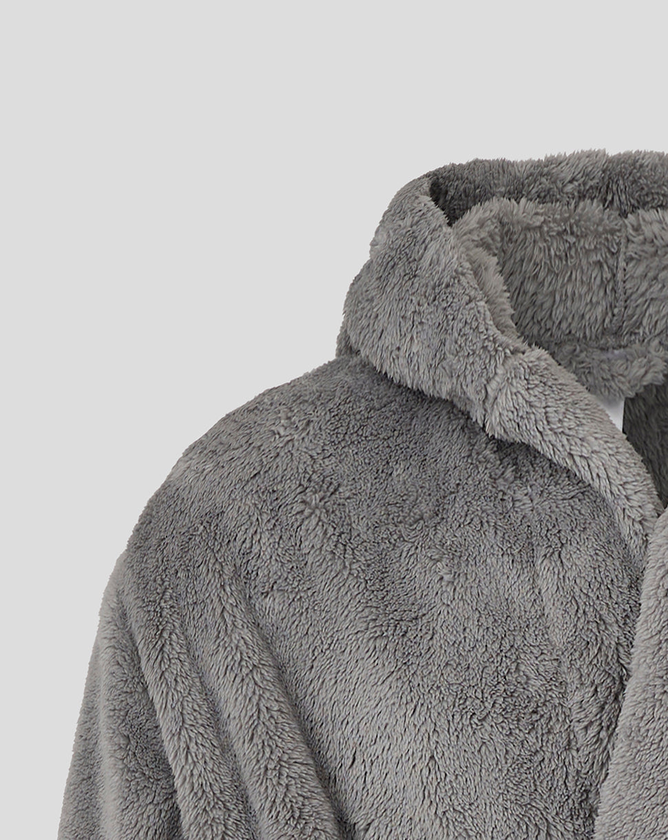 Close up of a gray fluffy junior dressing gown showing the hood and plush texture