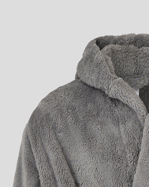 Close up of a gray fluffy junior dressing gown showing the hood and plush texture