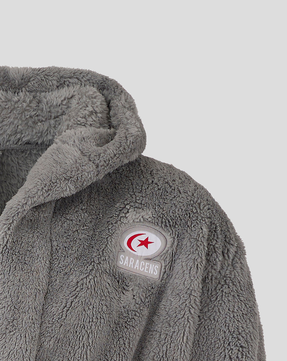 Grey plush dressing gown with a Saracens patch on the chest.