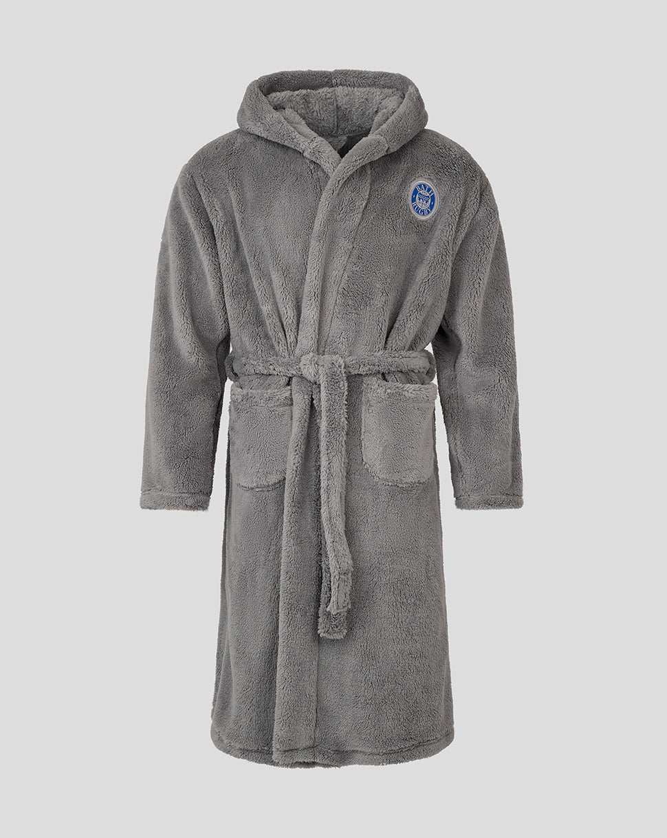 Grey Bath Rugby infant dressing gown with hood and tie belt.