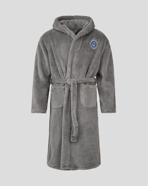 Grey Bath Rugby infant dressing gown with hood and tie belt.