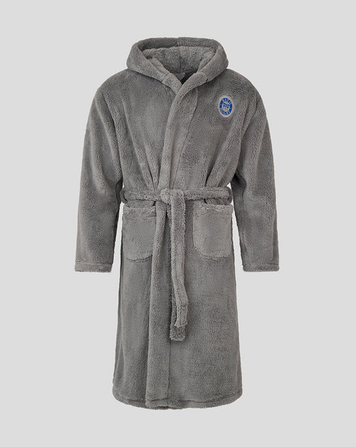 Grey Bath Rugby infant dressing gown with hood and tie belt.