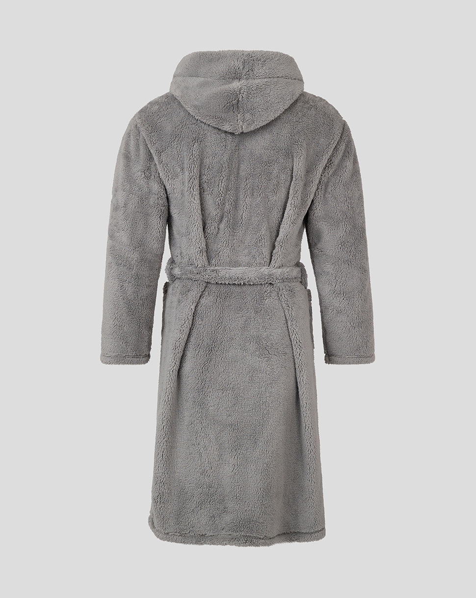 Back view of grey plush Bath Rugby infant dressing gown with hood and belt.