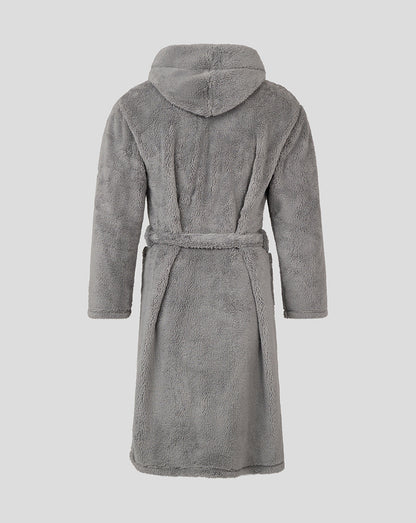Back view of grey plush Bath Rugby infant dressing gown with hood and belt.
