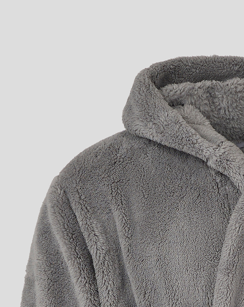 Close-up of the soft grey plush hood on the Bath Rugby infant dressing gown.