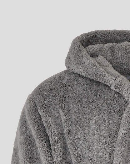 Close-up of the soft grey plush hood on the Bath Rugby infant dressing gown.