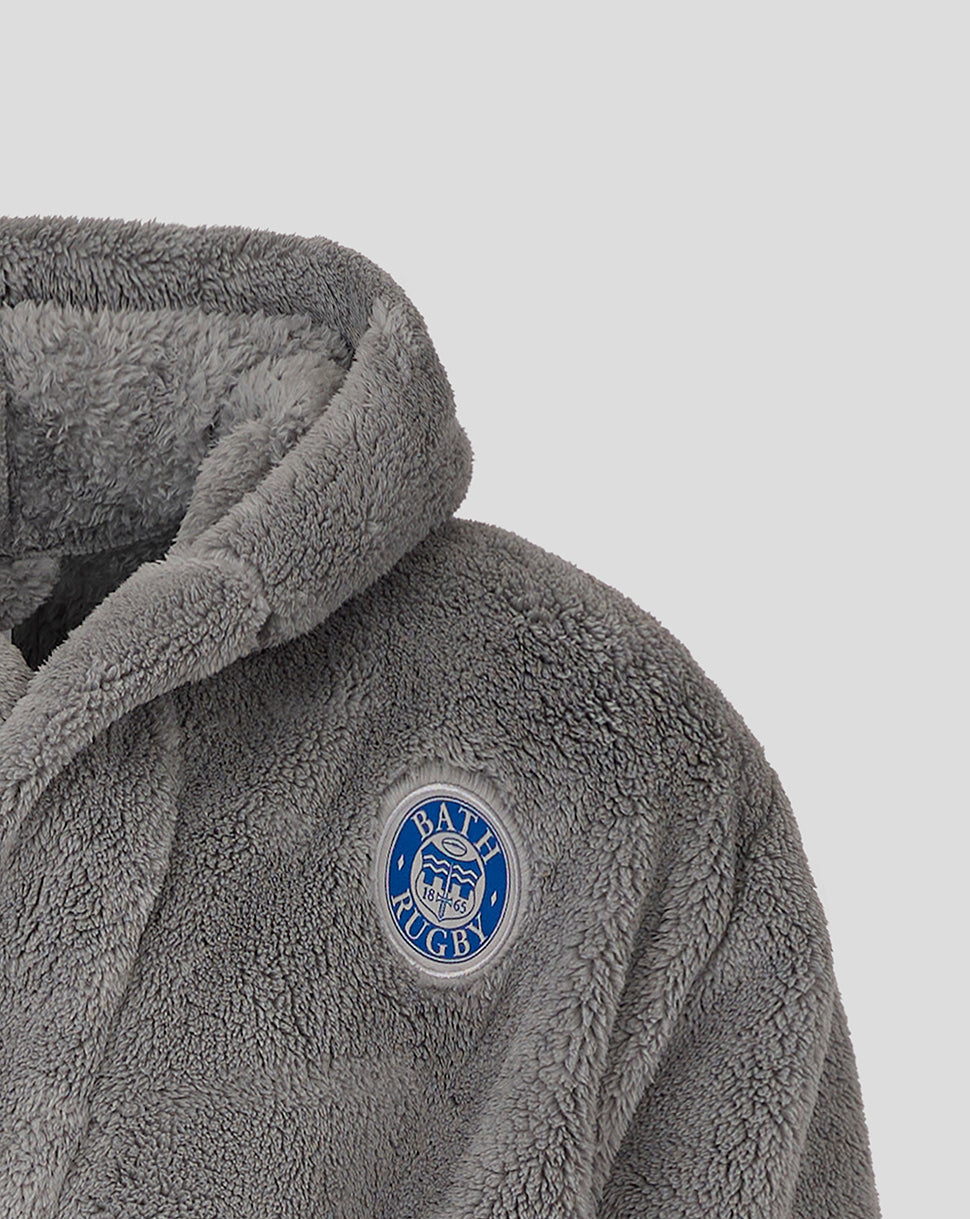 Grey Bath Rugby infant dressing gown with fluffy fleece and hood, featuring Bath Rugby crest badge