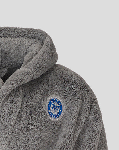 Grey Bath Rugby infant dressing gown with fluffy fleece and hood, featuring Bath Rugby crest badge