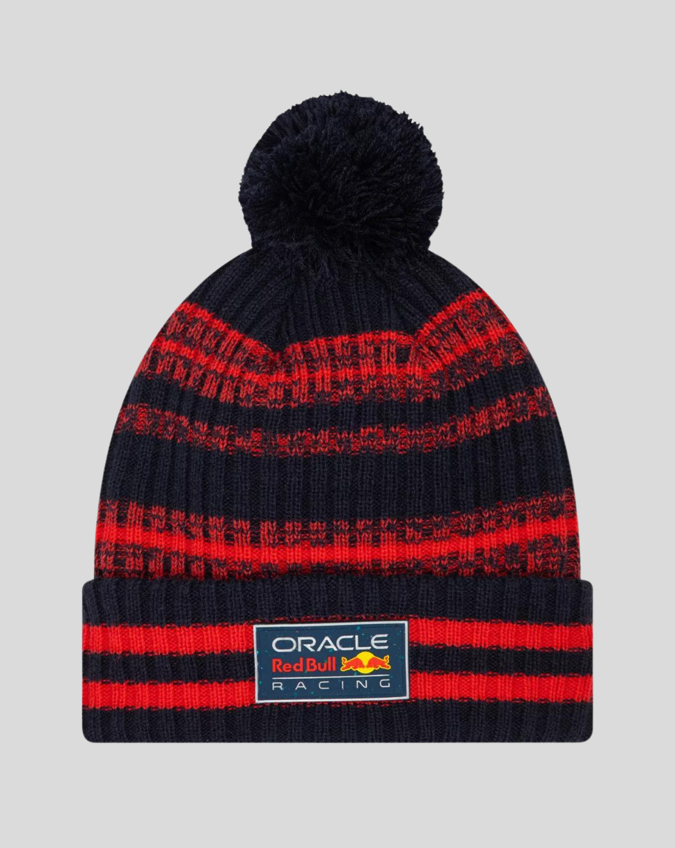 Navy blue knitted bobble beanie with red stripes and Oracle Red Bull Racing patch