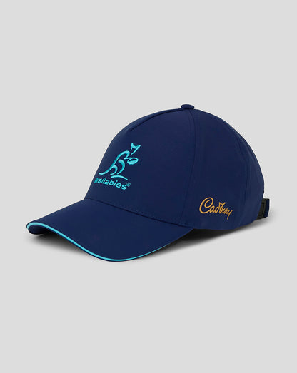 Blue Wallabies cap with turquoise front logo and gold Cadbury script on the side, adjustable strap at back