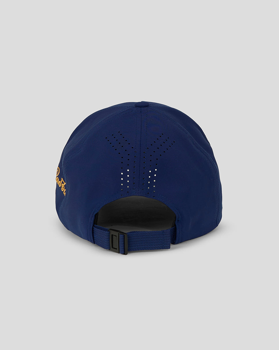 Back view of blue Wallabies cap with adjustable strap and ventilation holes