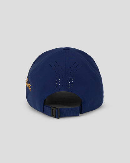 Back view of blue Wallabies cap with adjustable strap and ventilation holes