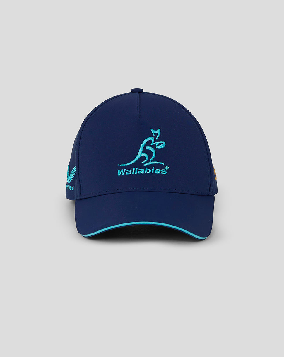 Front view of blue Rugby Australia Wallabies cap with teal embroidered logo on the front and light blue trim