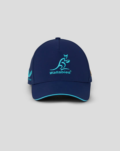 Front view of blue Rugby Australia Wallabies cap with teal embroidered logo on the front and light blue trim