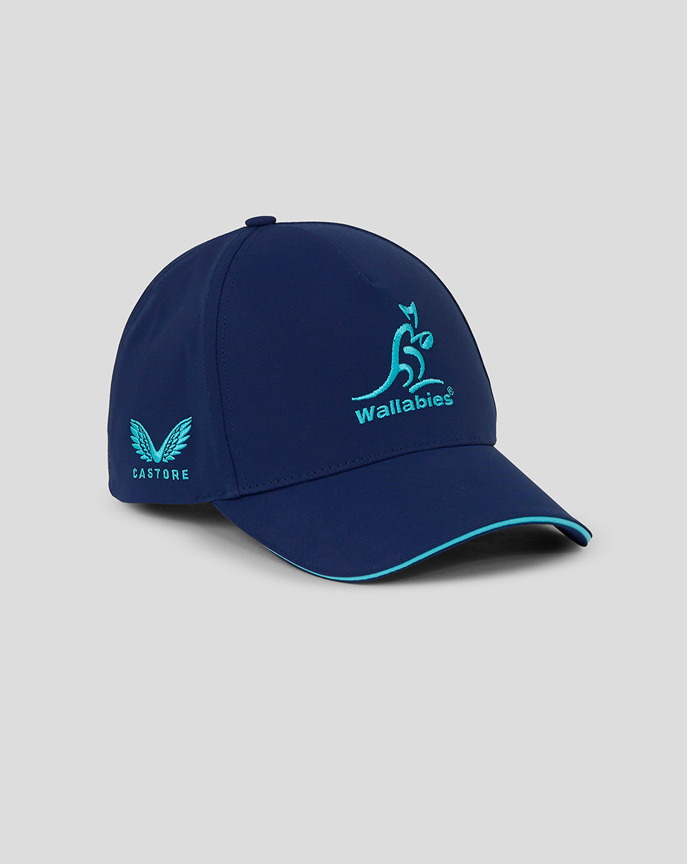 Navy blue Rugby Australia Wallabies cap with light blue Wallabies logo on the front and a light blue trim along the curved brim