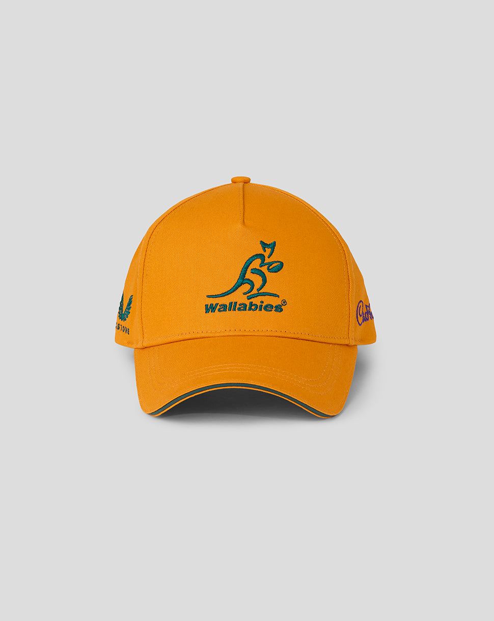 Front view of orange Rugby Australia Wallabies cap with teal Wallabies logo on the front