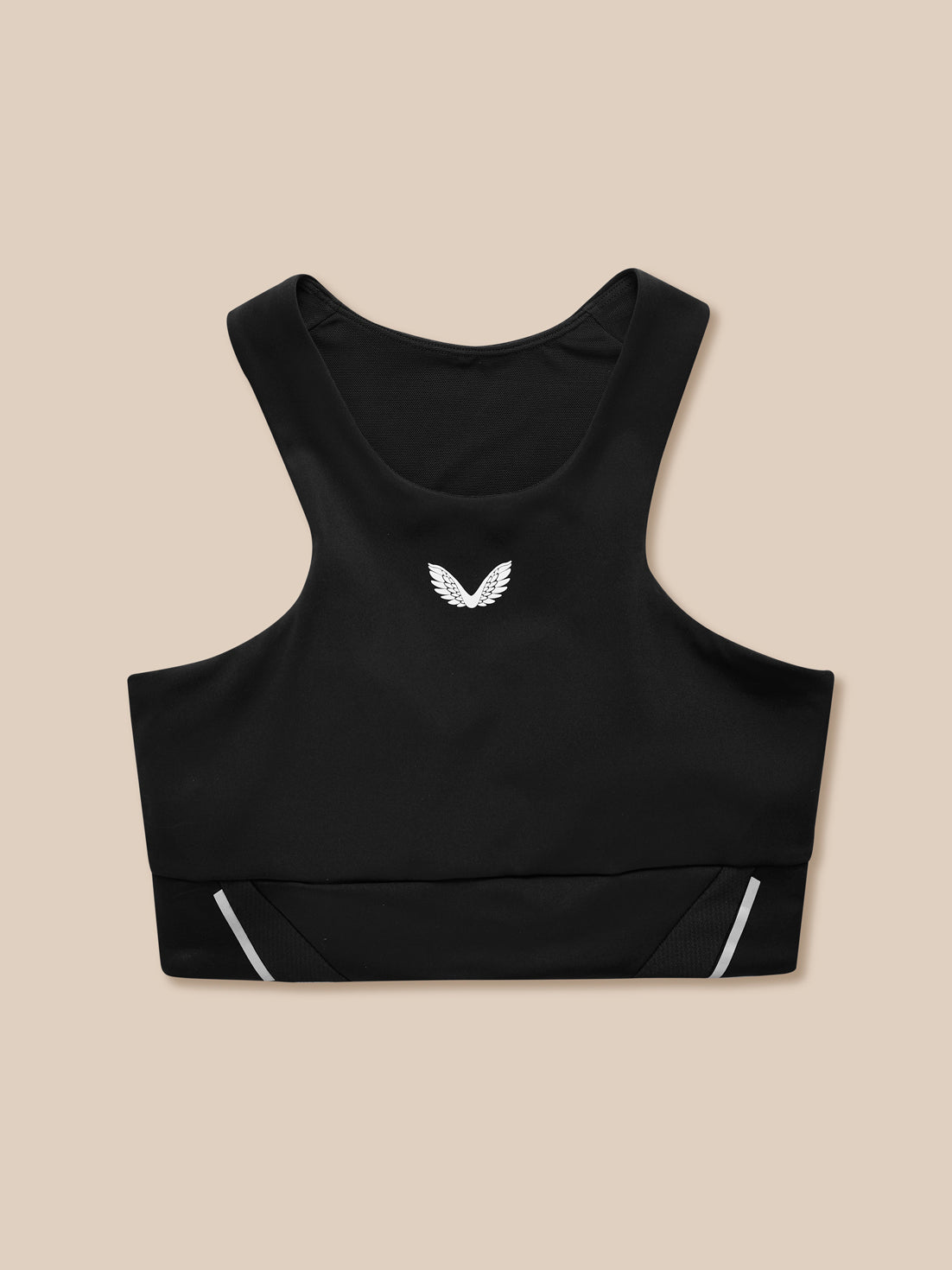 Apex Training Sports Bra in black with scoop neckline and racerback, Castore logo at chest.
