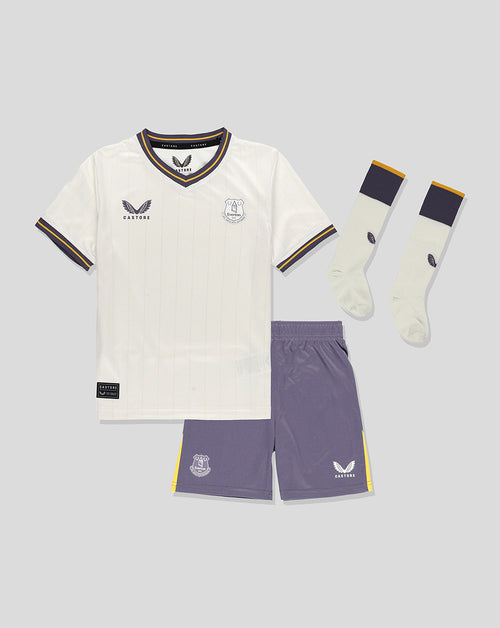 Infant Everton 24/25 third nested kit featuring cream top purple shorts and white socks