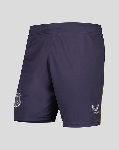 Navy Everton junior third shorts with a gold side stripe, displaying the Everton crest on the left thigh and Castore logo on the right