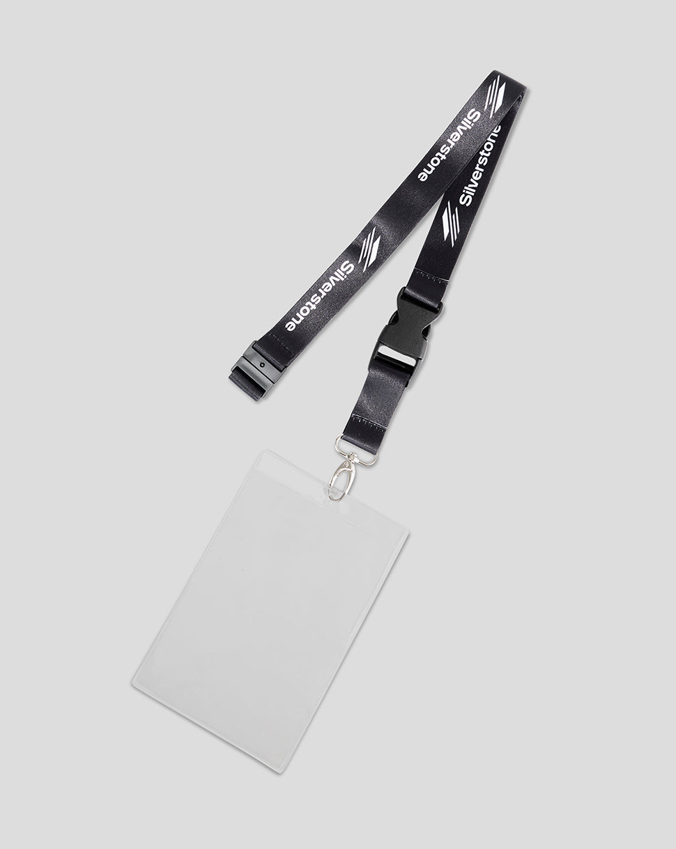 Black Silverstone lanyard with a clear ID badge holder and metal clip.