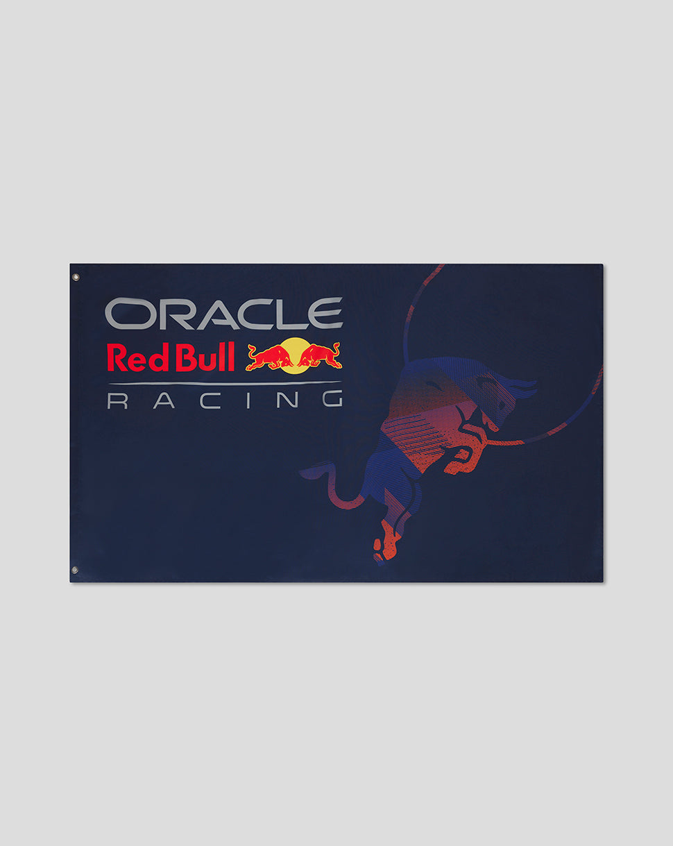 Flag featuring Oracle Red Bull Racing branding with red bull mascots on a dark night sky background