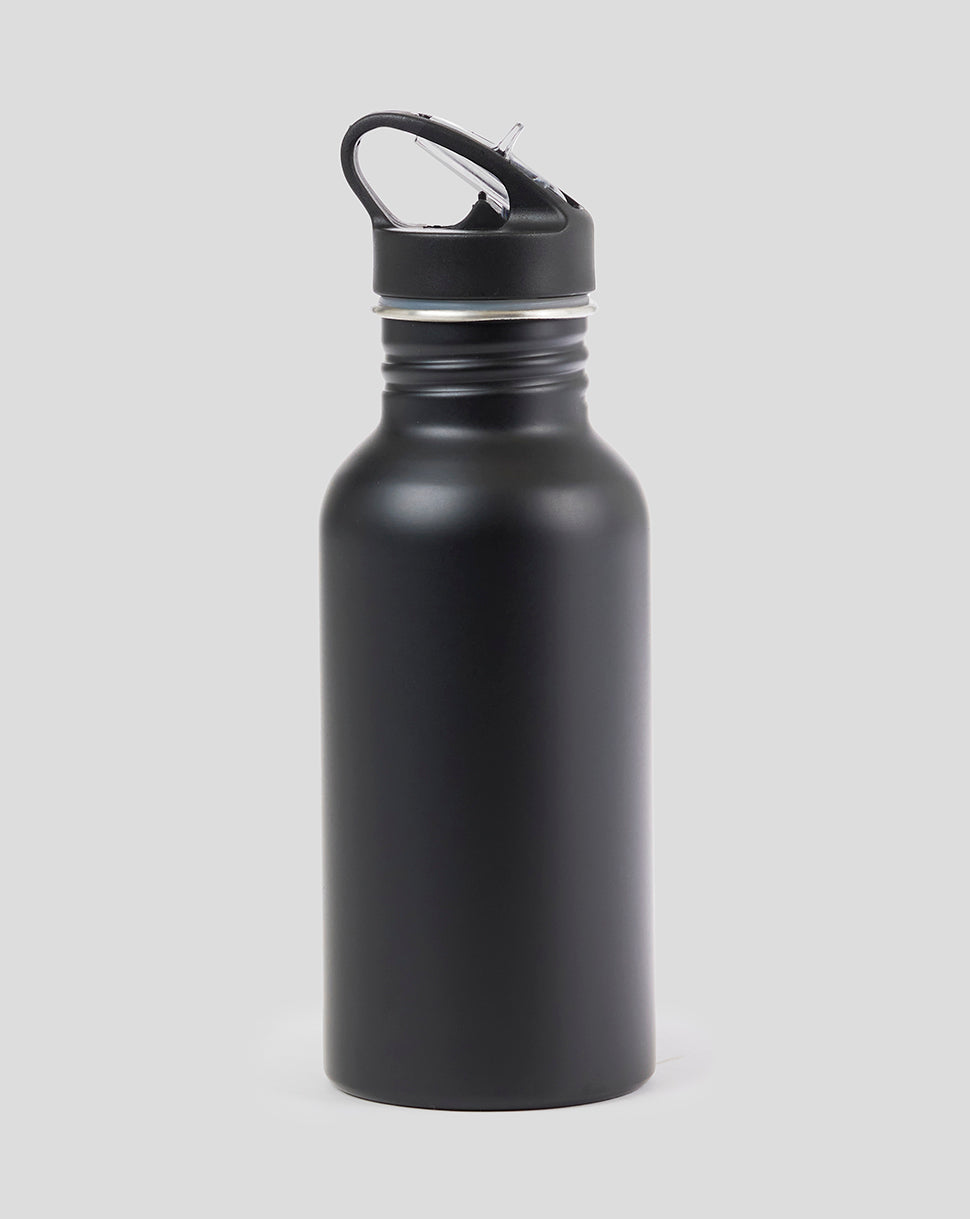 Angled view of Black Silverstone 450ml stainless steel bottle with loop-cap lid