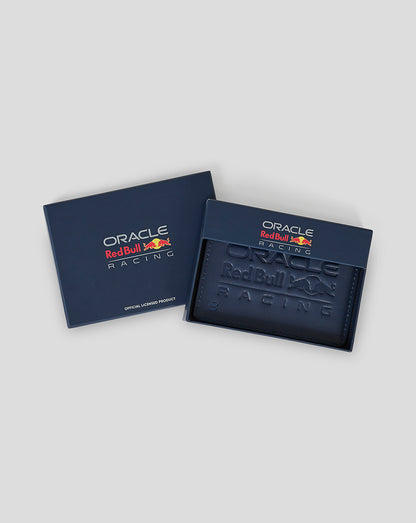 Navy leather cardholder shown with branded Oracle Red Bull Racing box.