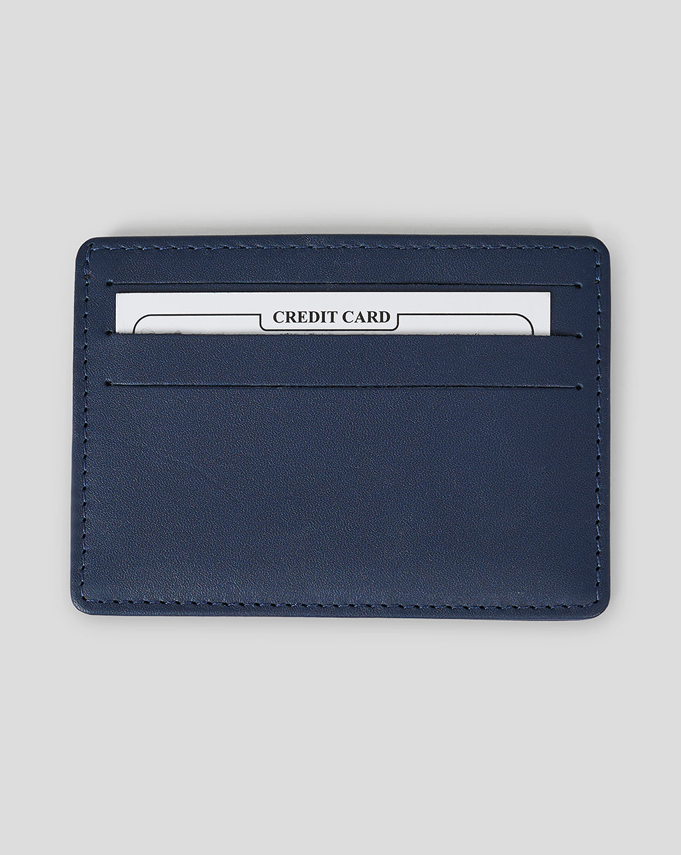 Navy blue leather cardholder with card slots and debossed Oracle Red Bull Racing logo.